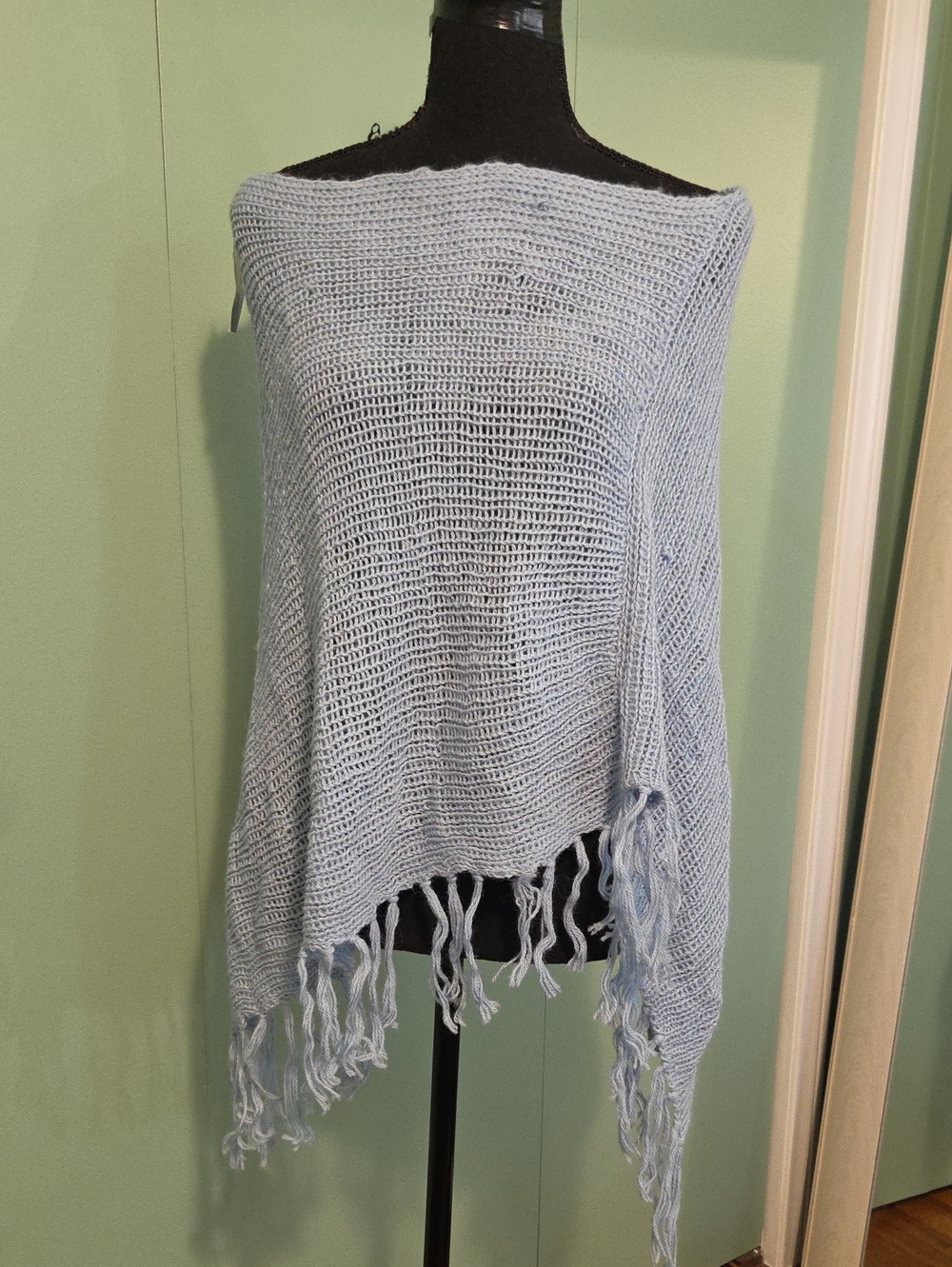 Nwt Bcbgmaxazaria 100% Alpaca Light Blue Fringe Knit Poncho Sweater One Size